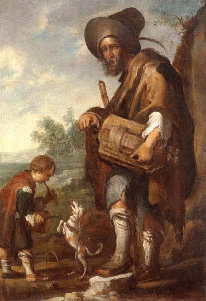 unknow artist A Blind man playing a hurdy-gurdy,together with a young boy playing the drums,with a dancing dog China oil painting art